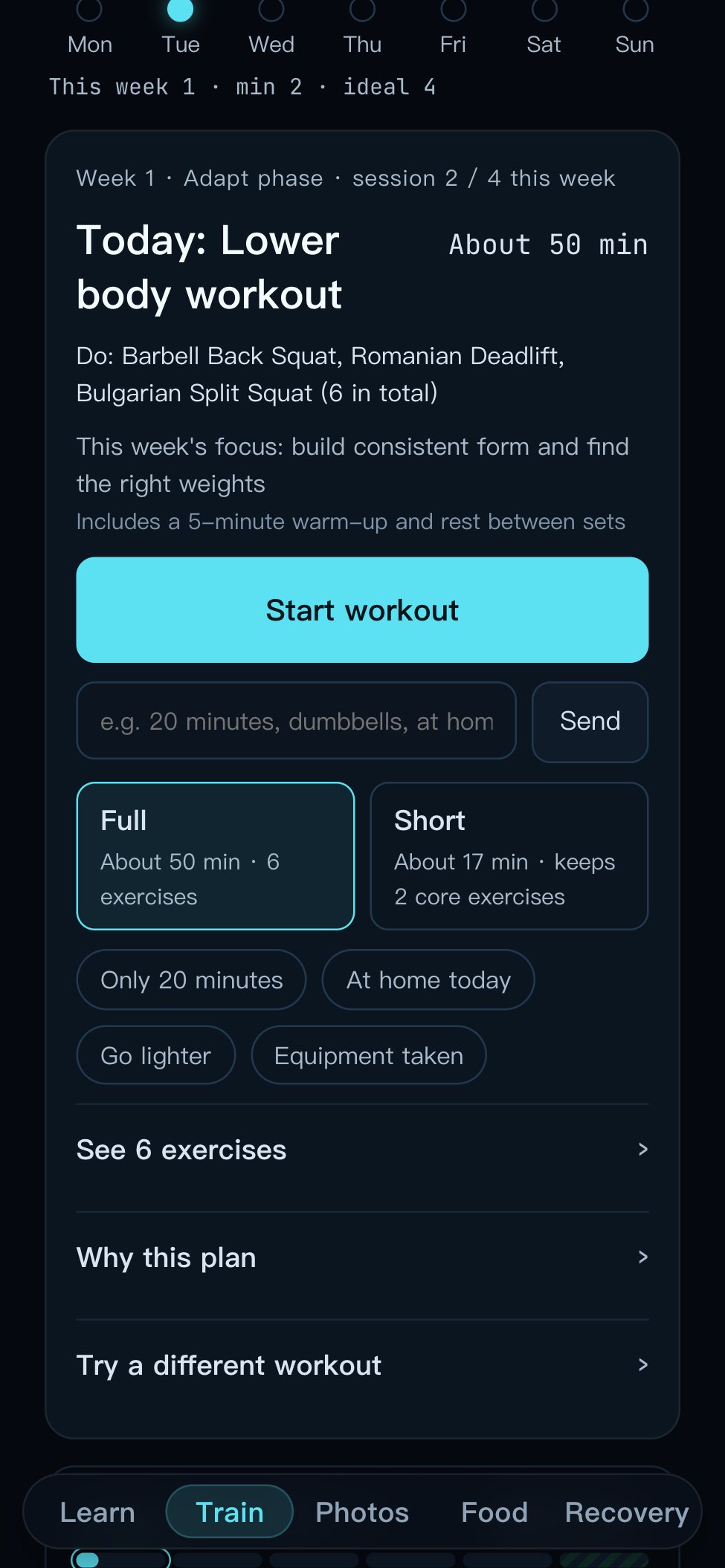 Today's plan in HOLO·FIT: lower body workout, about 50 minutes, with full and short versions