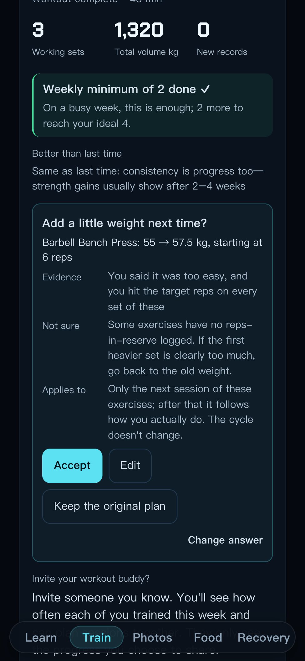 Suggestion to add weight after a workout marked too easy